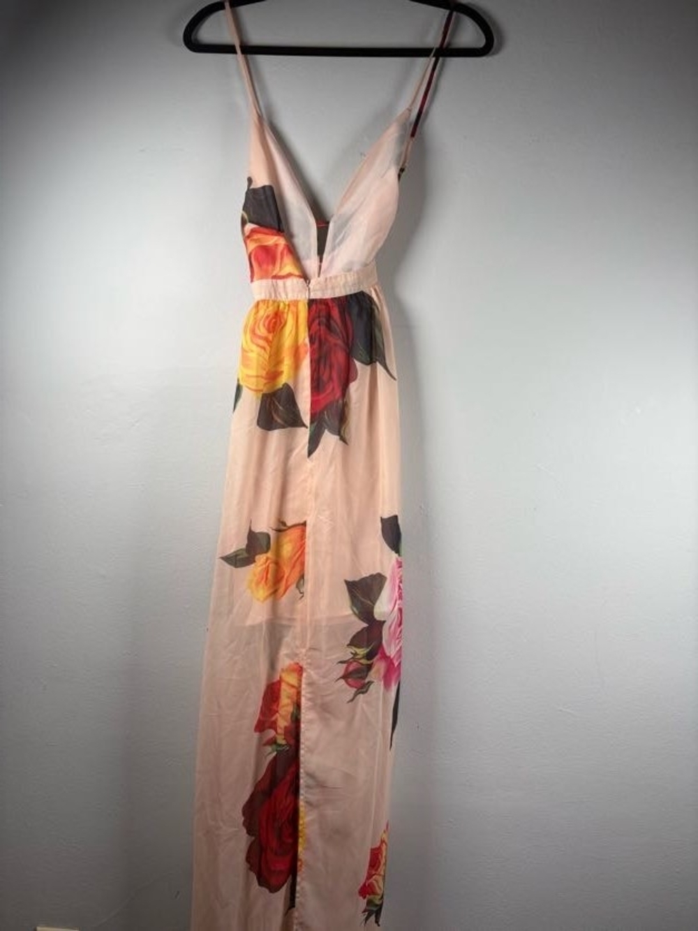 Aura Pink Peach Maxi Dress with Yellow and Red Rose Print Size L